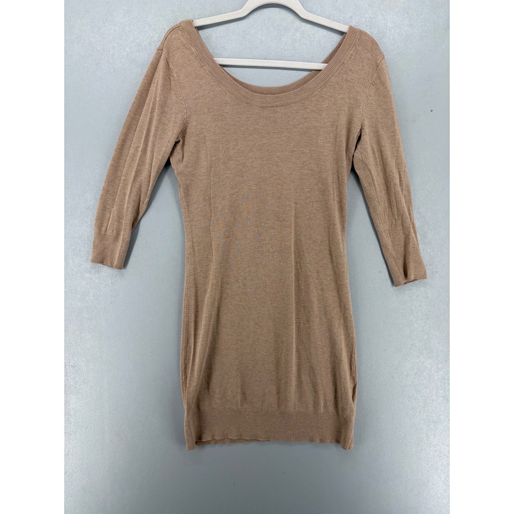 H&M Sweater Dress Womens Medium Tan Scoop Neck 3/4 Sleeve‎ Fine Knit Mini